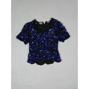 Stenay Vintage Silk Sequin Beaded Evening‎ Top Royal Blue Black Scalloped Hem L